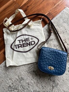 Navy Ostrich Leather Crossbody with Tan Strap from The Trend